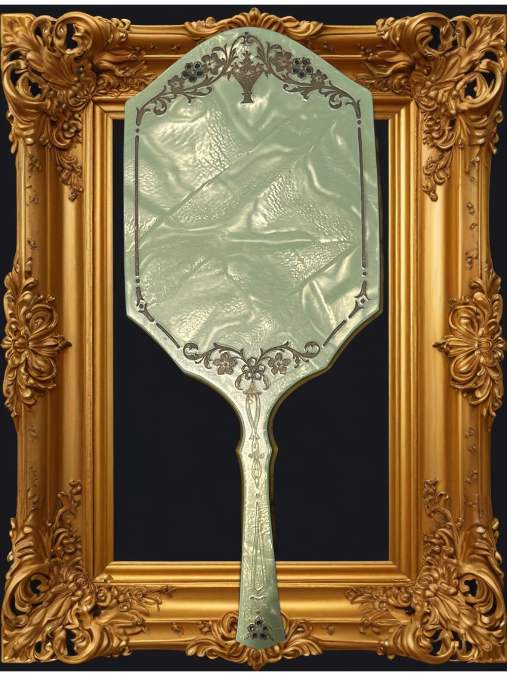 Vintage Decorative Hand Mirror - Pearlized Mint Green Gold Floral Detail